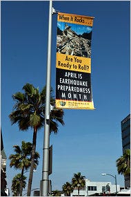 Banners along Santa Monica Boulevard promoted earthquake awareness month in Beverly Hills.