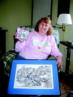 Joan Snyder shows her newest endeavor, a CD to raise funds for Parkinson’s disease research, “Voices from the Dreams We Share,” and a framed reproduction of Preston Jackson’s artwork for the CD’s cover. Snyder also is wearing a T-shirt that is being used for fundraising as well.