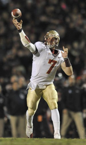 Florida State quarterback Christian Ponder throws a pass against Maryland on Nov. 20, 2010, in College Park, Md.