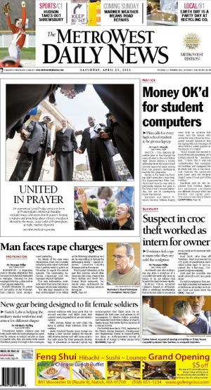 The front page of the 4/23/11 MetroWest Daily News.