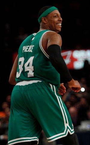 Paul Pierce smiles after hitting a 3-point basket during the second half of the Celtics' 113-96 win over the Knicks on Friday night in Game 3 of their first-round playoff series.