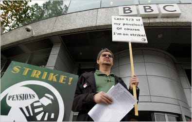 A BBC workers’ strike last November. The BBC has agreed to freeze the mandatory fee paid by TV households and is seeking new ways to cut costs.