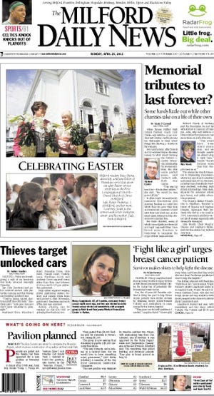 The front page of the 4/25/11 Milford Daily News.