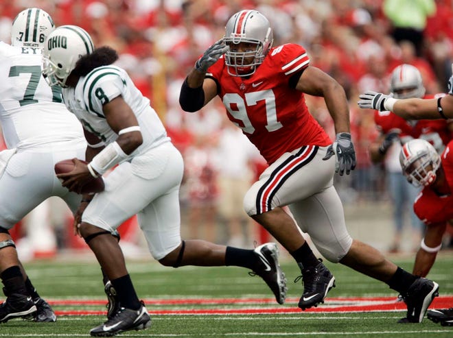 In this Sept. 6, 2008, file photo, Ohio State defensive tackle Cameron Heyward (97) pressures Ohio quarterback Boo Jackson (8) during the first quarter of an NCAA college football game in Columbus, Ohio. Heyward is a top prospect in the upcoming NFL Draft.