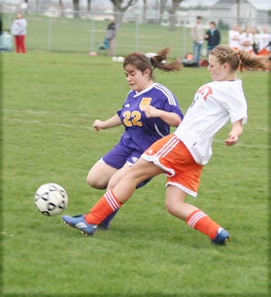 Quincy’s Sam Norton in action on Monday at home. Norton had two goals on Wednesday night against Hanover-Horton.