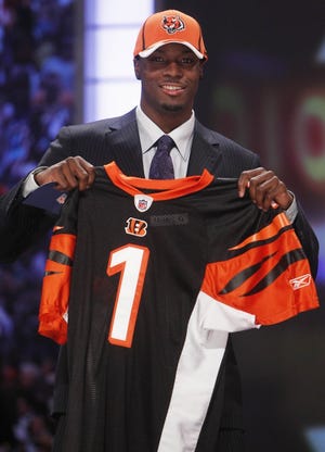 Georgia wide receiver A.J. Green holds up a jersey after he was selected as the fourth overall pick by the Cincinnati Bengals in the first round of the NFL Draft on Thursday night at Radio City Music Hall in New York.