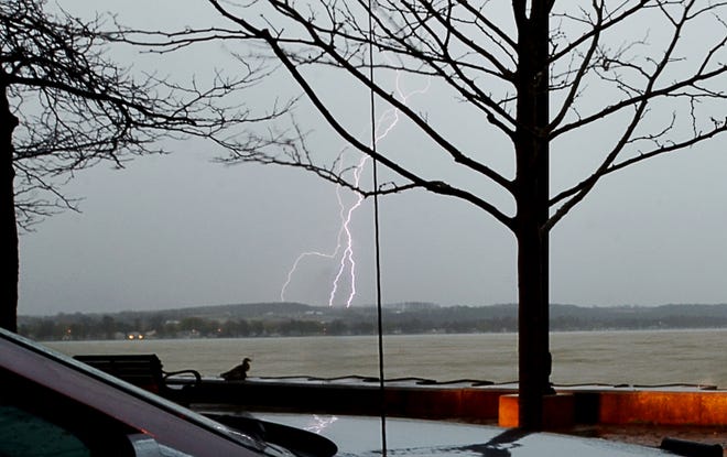 Lightning strikes in Hopewell just over Canandaigua Lake on Wednesday, April 27, 2011.