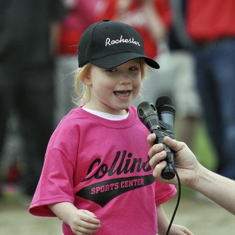 Mike Whaley/Citizen photo
Bryn Cadwallader of the Pink T-Ball team introduces herself during the Rochester Girls Softball League's opening day ceremonies Saturday at Roger Allen Park. T-Ball is sponsored by Collins Sports Center.