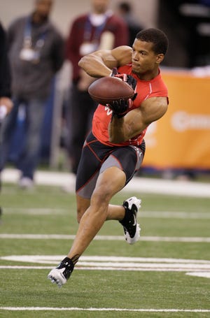 Mount Union wide receiver Cecil Shorts
runs a drill during the NFL football scouting combine in Indianapolis on Feb. 27, 2011.