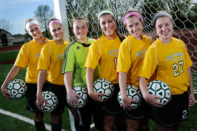 From left, Rock Bridge seniors Sarah Bowman, Mary Bowman, Carrie Levy, Grace Priest, Sarah Humphrey and Katelyn Tschiggfrie will be honored before Monday’s game against Smith-Cotton. They have won two district titles in their careers.