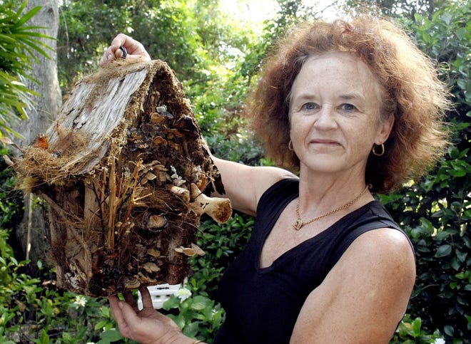 Artist Mary Moore displays a fairy house she made of bark, moss, dried fungus and other natural materials that will be on display.