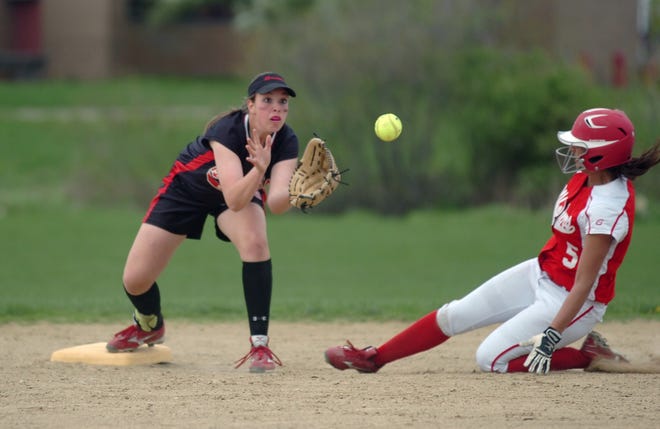 New Bedfordbase runner Monique Varca, is tagged out by Brockton's Bobbi-Lu Holmgren during the Boxers' 6-5 loss on Tuesday.