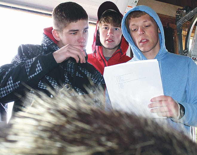 From left, Mount Markham High School students Nick Bailey, Alex Wrobel and Peter Hanley try to decide if a porcupine can throw its quills during the 2011 Herkimer County Envirothon at Herkimer County Community College’s Wehrum Stadium on Wednesday.