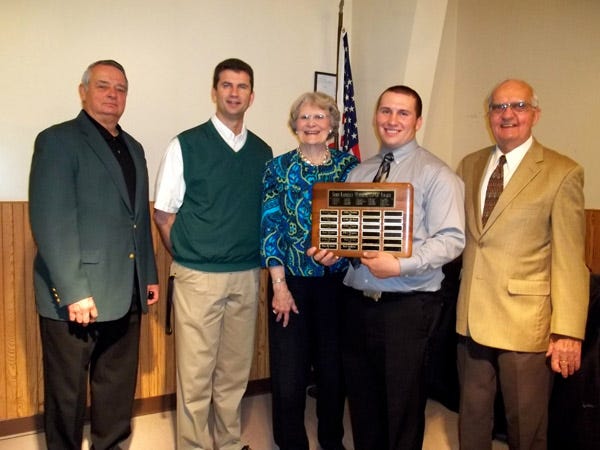 Mark Snodgrass, second from right, received the Scott Klingler Coop Award. Also pictured are, from left: Ted McAvoy, Mike Haugse, Margaret Klingler and Emil Klingler.