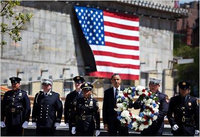 President Obama was joined Thursday by first responders on 9/11 on his visit to ground zero to pay tribute to victims of that day's terrorist attacks.