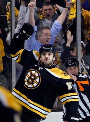 Boston Bruins left wing Milan Lucic celebrates his goal against the Philadelphia Flyers during the third period of Game 4 in a second-round NHL Stanley Cup hockey playoff series in Boston Friday, May 6, 2011. The Bruins won 5-1, and swept the series.