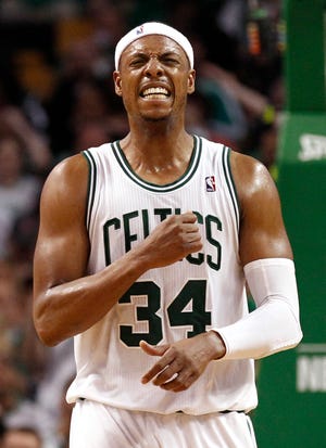 Paul Pierce reacts to the ball being thrown away by teammate Rajon Rondo during the second quarter of the Celtics' 97-81 victory on Saturday night in Game 3 of their Eastern Conference semfinals series.