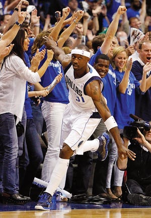 AP Photo/Tony Gutierrez 
Dallas Mavericks’ Jason Terry reacts to shooting a 3-point basket against the Los Angeles Lakers during the first half of Game 4 of a second-round NBA playoff basketball series Sunday in Dallas.