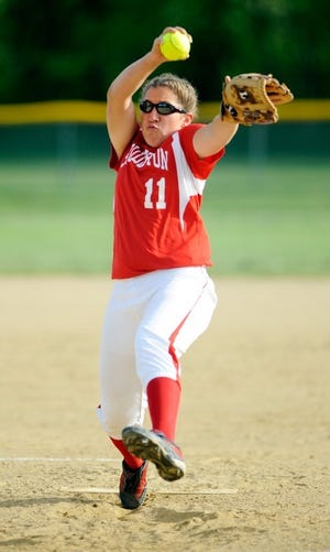 Souderton’s pitcher Liz Parkins delivers a pitch home during a game against Pennridge at Druckenmiller Playground in Sellersville Tuesday. Souderton went on to win the game 6-0.
