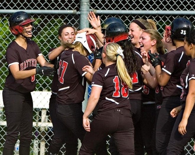 The Hatboro-Horsham softball team surrounds their teammate Val Sadowl after winning the game for her team in the bottom of the seventh inning on a single against CB South at Hatboro-Horsham High School Thursday. Hatboro-Horsham won the game 3-2.