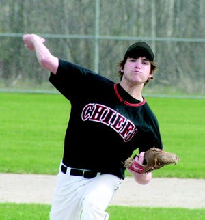 Cheboygan pitcher Stan Swiderek throws during the sixth inning of the Chiefs’ first game of their doubleheader against Grayling on Thursday.