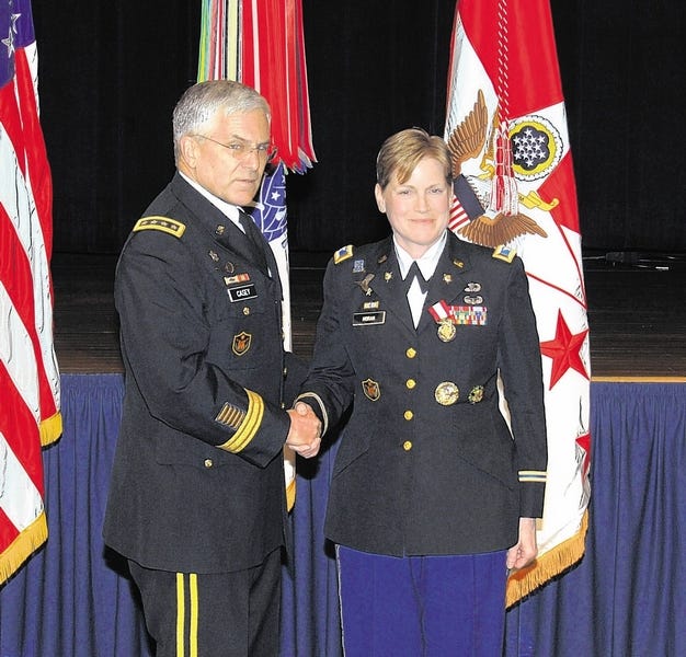 Gen. George W. Casey, Jr. honors Col. Sylvia Moran in March. Her 35-year military career began in the first West Point class that included females.