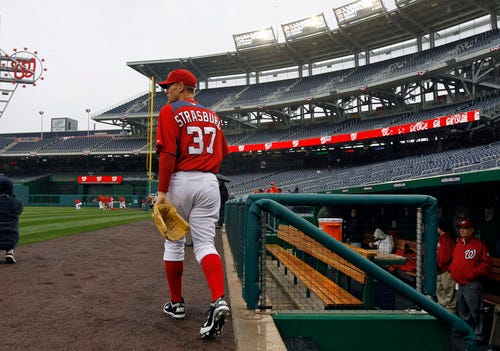 FILE PHOTO - Washington Nationals pitcher Stephen Strasburg steps onto the field for practice at Nationals Park on Wednesday, March 30, 2011 in Washington. The Nationals home-opener is scheduled for Thursday against the Atlanta Braves. (AP Photo/Alex Brandon)