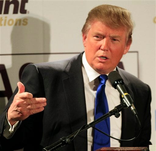 In this May 11, 2011 file photo, possible 2012 presidential hopeful, Republican Donald Trump speaks during a luncheon with the Greater Nashua Chamber of Commerce in Nashua, N.H. Trump announced, Monday, May 16, 2011 that he won't seek the Republican nomination.