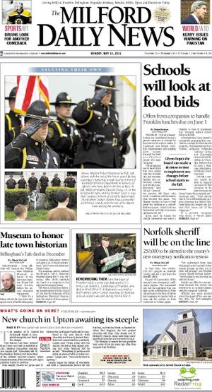 The front page of the 5/16/11 Milford Daily News.