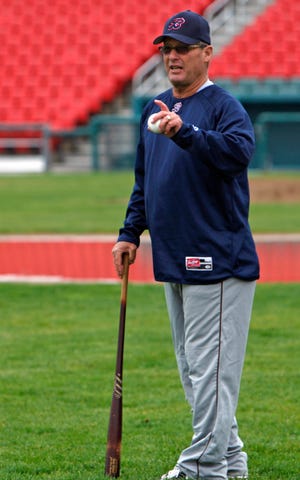Brockton Rox hitting coach Bob Didier, former major league catcher most notably for knuckleballer Phil Niekro, conducts a drill during practice at Campanelli Stadium in Brockton on Sunday, May 15, 2011.