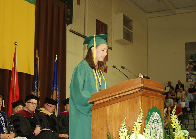 Mary Katherine Maneen, of Frankfort, delivered the student address during Herkimer County Community College’s 43rd annual commencement on Friday. In her speech, Maneen urged her fellow graduates to persevere in the face of adversity and to keep trying until they succeed and achieve their goals.