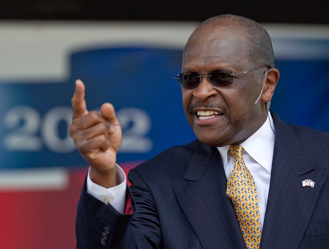 AP Photo/David Goldman 
Herman Cain announces his run as Republican candidate for president at a rally Saturday in Atlanta. Cain has run a pizza chain, hosted a talk radio show and sparred with Bill Clinton over health care. He’s never held elected office. Now the tea party favorite wants to be president.