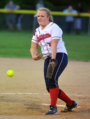 Bridgewater-Raynham pitcher Audrey Dolloff fires a pitch toward home plate during the nightcap of Wednesday's doubleheader against Taunton at Taunton High School.