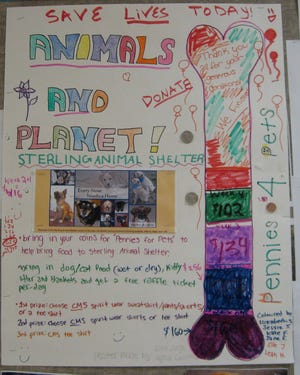 Members of the Concord Middle School Animals and Planet Club designed a posterboard to promote their fundraiser for the Sterling Animal Shelter and to measure their progress.