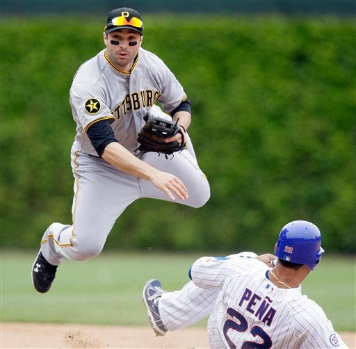 Pittsburgh Pirates second baseman Neil Walker, left, jumps as he looks to first after forcing out Chicago Cubs' Carlos Pena during the seventh inning of a baseball game, Friday, May 27, 2011, in Chicago. The Cubs' Alfonso Soriano was out at first.