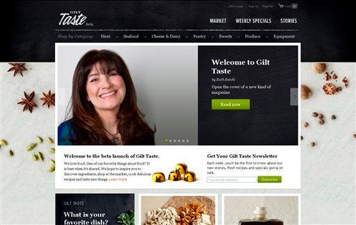 This screen shot made on Wednesday, May 18, 2011 shows part of Gilttaste.com featuring an image of Ruth Reichl. Gilttaste.com, a no-membership site of the members-only luxury marketplace Gilt Groupe, went live Tuesday night with a blend of saucy editorial content and a selection of meats, seafood, cheeses, oils, grains and sweets Reichl had a hand in, too.  (AP Photo/Gilttaste.com)