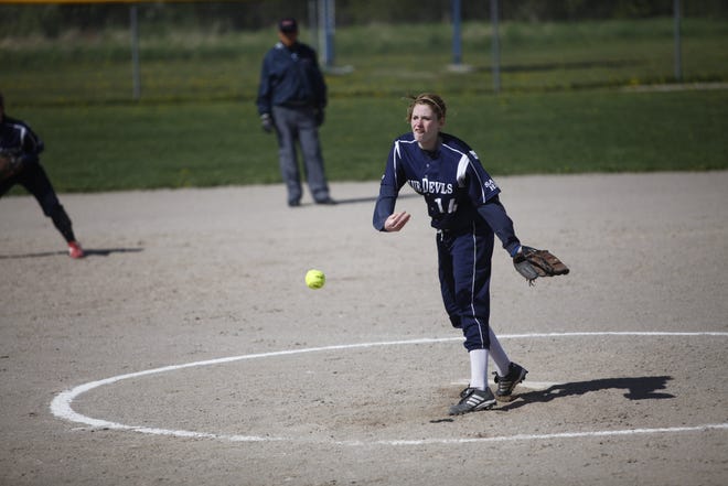 Sault High's Tracy Butler throws during a game against Pickford-Cedarville Thursday at Locey Field.