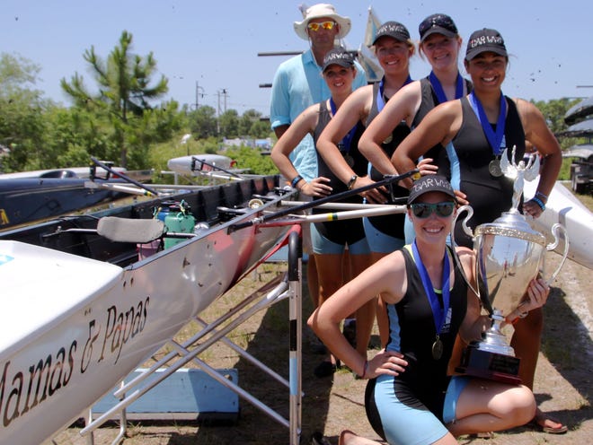 Gainesville Area Rowing's women varsity 4 won the state title in Sarasota on May 1. Members of the team are, front to back, Rachel DeLoach, coxswain, Geena Patton, and Britta Forsmark, all from Eastside High, Santa Fe High's Julianna Welch, and Christy Driscoll of Buchholz High.
Photo courtesy of Jay Welch