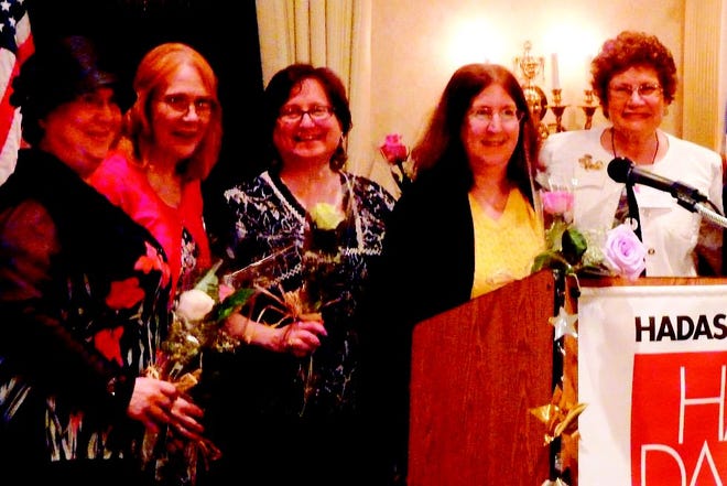 From left to right, Colleen Mitchneck of Lowell, Gail Wolfe of Woburn, Dana Fine and Judi Babcock of Bedford, Harriet Wollman of Burlington at a recent meeting of the Northern New England Region of Hadassah.