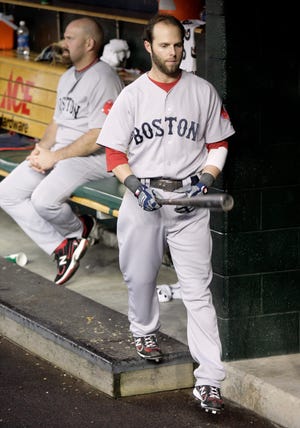 Dustin Pedroia paces in the dugout while Kevin Youkilis watches the rain fall during a rain delay on Saturday night in Detroit.