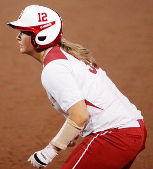 UNIVERSITY OF OKLAHOMA / COLLEGE SOFTBALL: OU's Katie Norris (33) waits a first base with a #12 on her batting helmet during the NCAA Regional softball game between Iona and Oklahoma in the Norman Regional at the OU Softball Complex in Norman, Okla., Friday, May 20, 2011. The Sooners wore #12 on their helmets to honor OU linebacker Austin Box who died the day before. Oklahoma won, 7-1. Photo by Nate Billings, The Oklahoman ORG XMIT: KOD