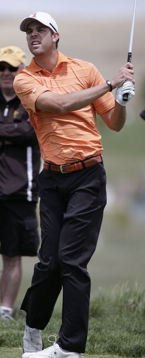 Oklahoma State's Kevin Tway watches his drive on No. 17 of the Colorado National Golf Club during the NCAA men's golf tournament regional on Saturday, May 21, 2011, in Erie, Colo. (AP Photo/Will Powers) ORG XMIT: COWP104