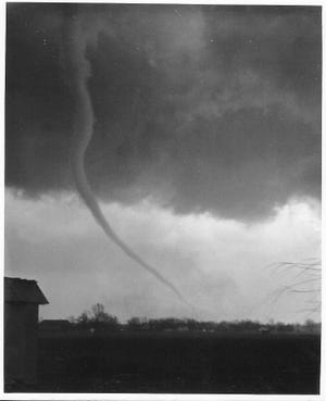 This photo by Jarvin Kleiman was taken as the April 3, 
1956, tornado was moving through Graafschap.