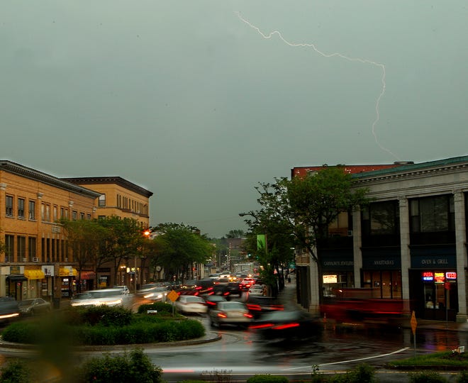 Lightning strikes during Wednesday night's storm comes through the center of Framingham.