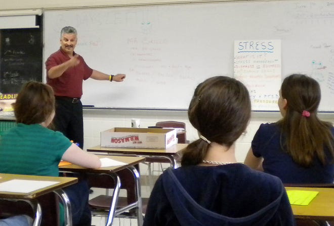 Norwich Free Academy teacher Vincent Cirillo teaches a seminar on How To Handle Stress Wednesday.