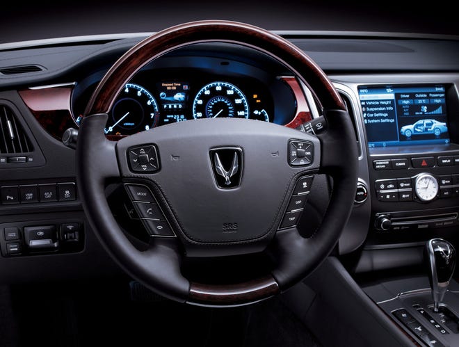 The interior of the all-new Equus features premium wood trim, driver seat massage, heated and cooled front seats and a heated steering wheel, 8-inch LCD for the premium navigation and driver information system, and a 608-watt, 17-speaker Lexicon audio system.