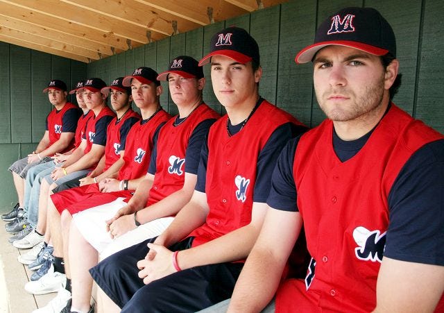 EJ Hersom/Staff photo 

Rochester's new college-level baseball team, the Seacoast Mavericks, is preparing for its first season opener this Thursday. From left are Eric LaBatte, Kyle Davis, Matt Cronin, Tyler Poisson, Casey Cotter, Cole Tobin, Devein Veilleux and Chris Tuttle.
