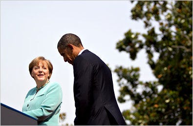 President Obama welcomes Chancellor Angela Merkel of Germany as she arrives at the White House on Tuesday.