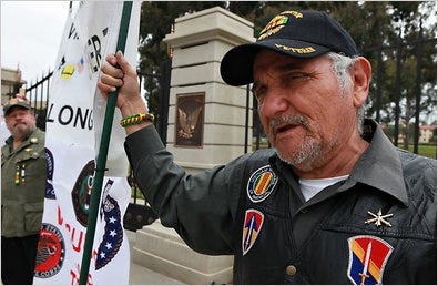Lionel Morales, a Vietnam War veteran, attended a news conference in Los Angeles on Wednesday in support of the lawsuit.