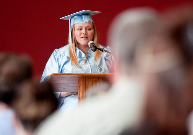 Lacey Anderson delivers her valedictorian speech at the Wavecrest Career Academy commencement ceremony held at the Holland Midtown Center on Thursday, June 9.